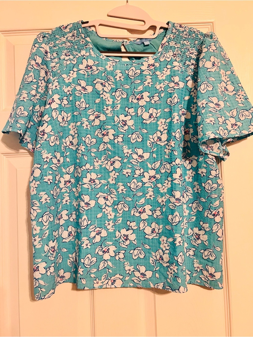 Draper James Turquoise Floral Short Sleeve Blouse